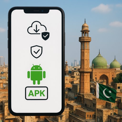D666 APK download steps infographic showing official sources, verification, and install readiness with a Pakistani cityscape background.