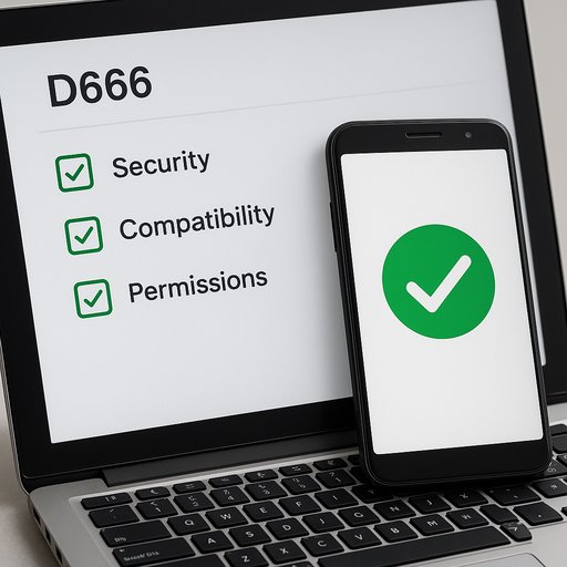 D666 system readiness checklist displayed on a screen with a green checkmark and Android device, indicating security, compatibility, and permissions for safe APK installation.